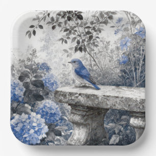 Ink Wash Bluebird On a Stone Garden Bench Paper Plates