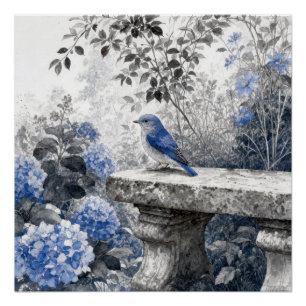 Ink Wash Bluebird On a Stone Garden Bench Poster