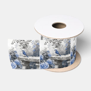 Ink Wash Bluebird On a Stone Garden Bench Satin Ribbon
