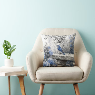 Ink Wash Bluebird On a Stone Garden Bench Throw Pillow