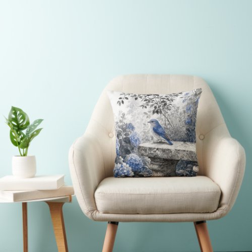 Ink Wash Bluebird On a Stone Garden Bench Throw Pillow