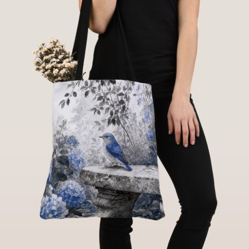 Ink Wash Bluebird On a Stone Garden Bench Tote Bag