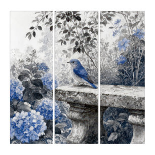 Ink Wash Bluebird On a Stone Garden Bench Triptych
