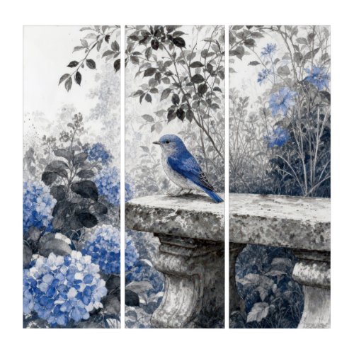 Ink Wash Bluebird On a Stone Garden Bench Triptych