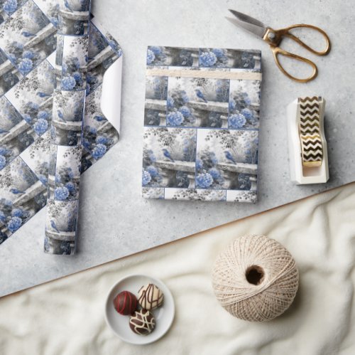 Ink Wash Bluebird On a Stone Garden Bench Wrapping Paper