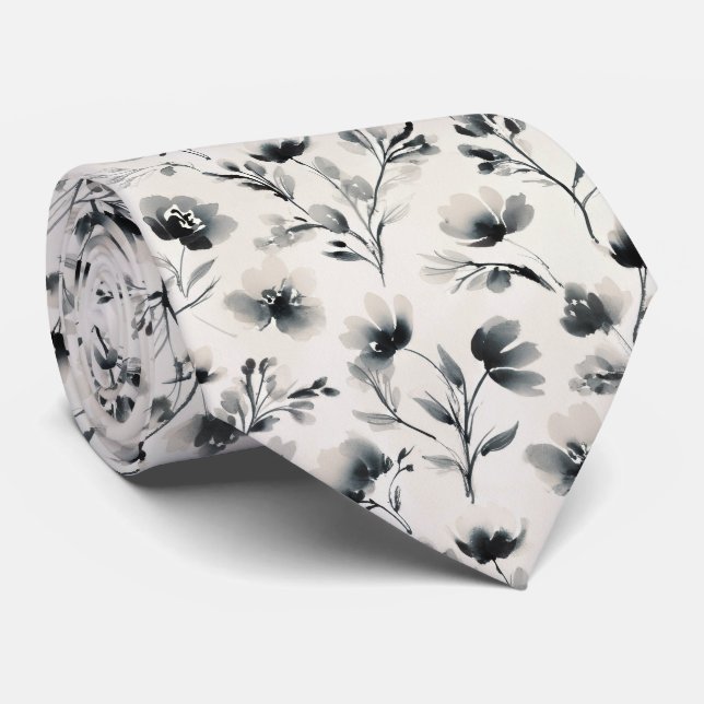 Ink Wash Floral Pattern Neck Tie (Rolled)