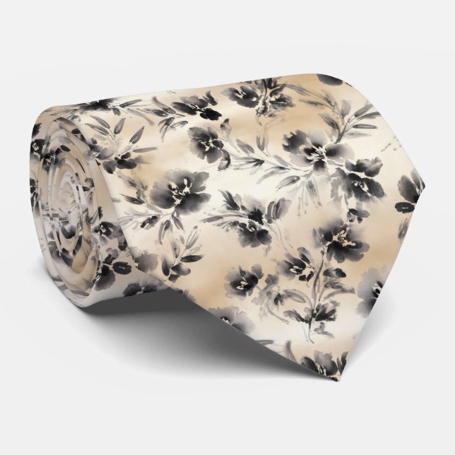 Ink Wash Floral Pattern Neck Tie (Rolled)