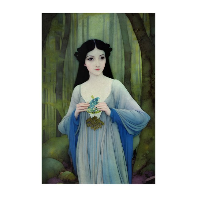 Ink Wash Illustration of Beautiful Woman in Woods Acrylic Print (Front)