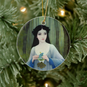 Ink Wash Illustration of Beautiful Woman in Woods Ceramic Ornament