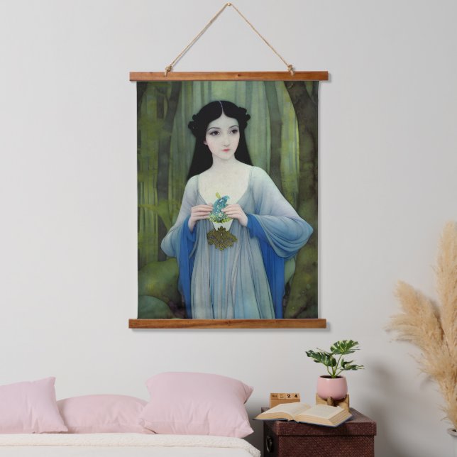 Ink Wash Illustration of Beautiful Woman in Woods Hanging Tapestry (Bedroom)