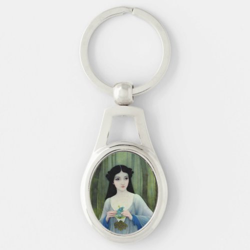 Ink Wash Illustration of Beautiful Woman in Woods Keychain