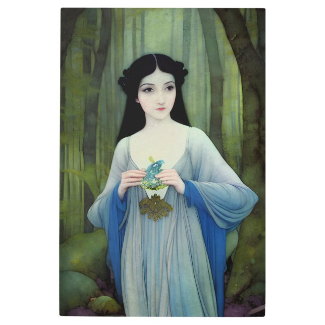 Ink Wash Illustration of Beautiful Woman in Woods Metal Print (Front)
