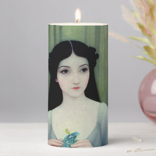 Ink Wash Illustration of Beautiful Woman in Woods Pillar Candle