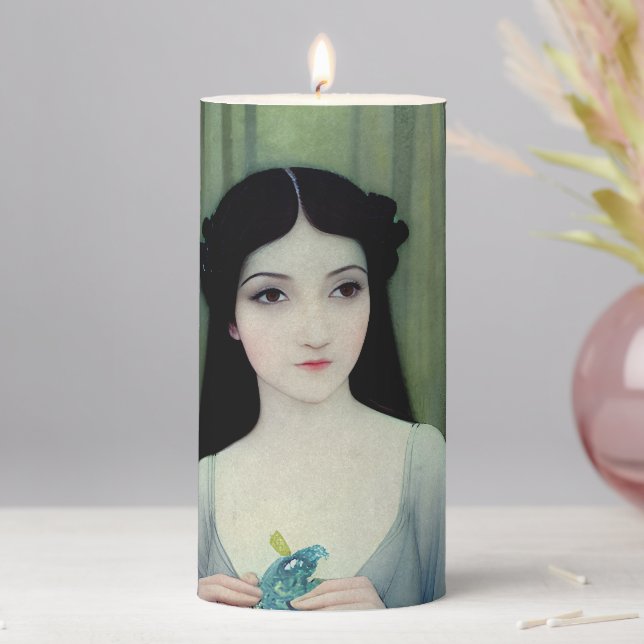 Ink Wash Illustration of Beautiful Woman in Woods Pillar Candle (In Situ)