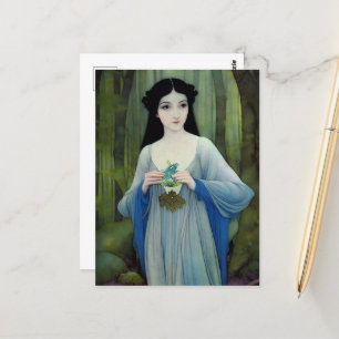 Ink Wash Illustration of Beautiful Woman in Woods Postcard