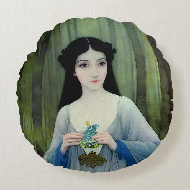 Ink Wash Illustration of Beautiful Woman in Woods Round Pillow (Front)