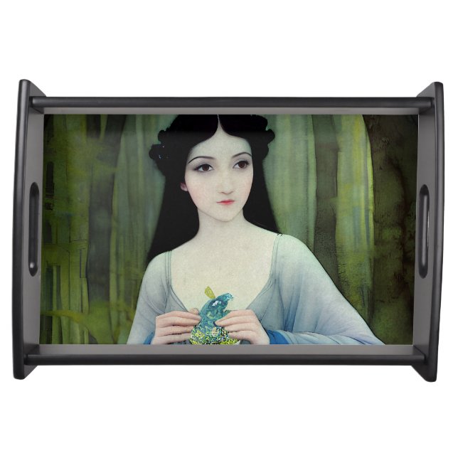 Ink Wash Illustration of Beautiful Woman in Woods Serving Tray (Front)