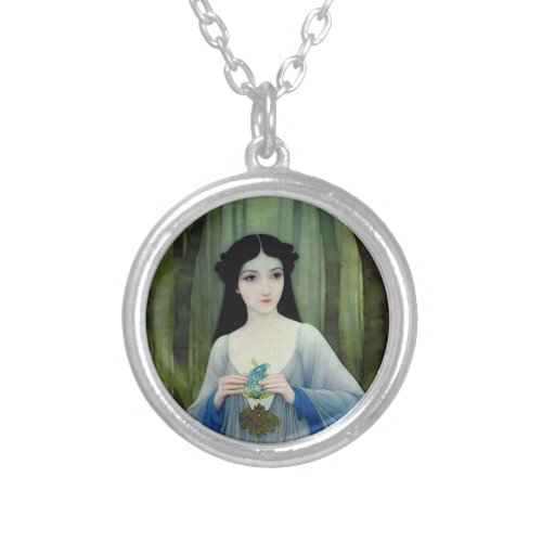 Ink Wash Illustration of Beautiful Woman in Woods Silver Plated Necklace