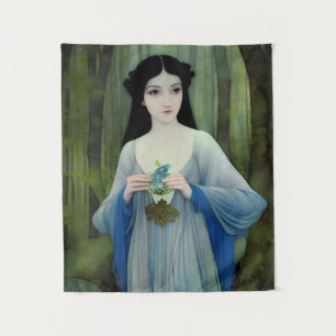 Ink Wash Illustration of Beautiful Woman in Woods Tapestry