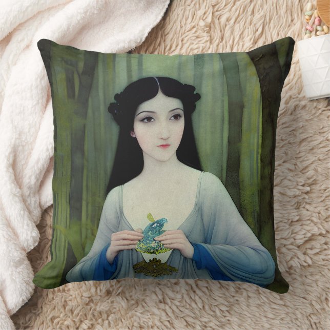 Ink Wash Illustration of Beautiful Woman in Woods Throw Pillow (Blanket)