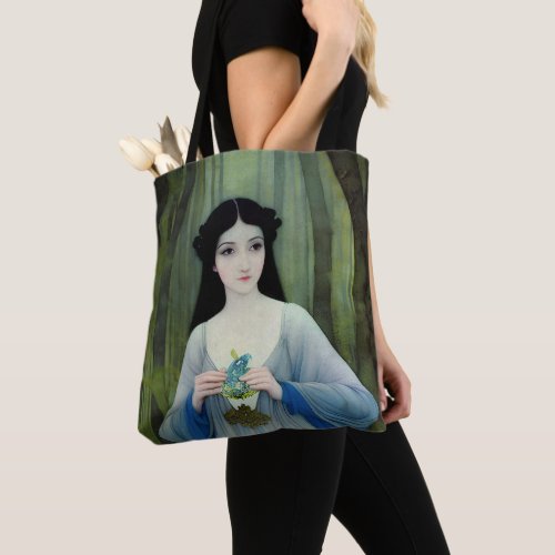Ink Wash Illustration of Beautiful Woman in Woods Tote Bag