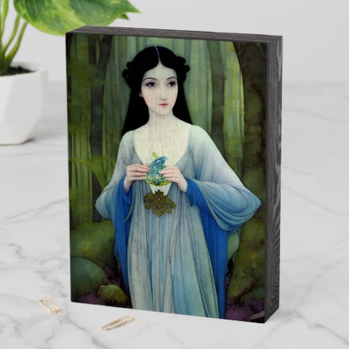 Ink Wash Illustration of Beautiful Woman in Woods Wooden Box Sign