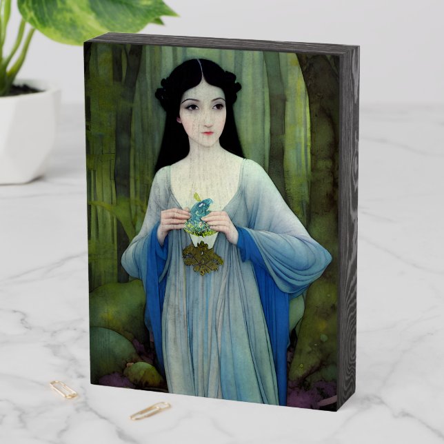 Ink Wash Illustration of Beautiful Woman in Woods Wooden Box Sign (In Situ Vertical)