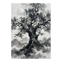 Ink Wash Tree Poster | Japanese Zen Art | Monochro