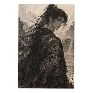 Ink Wash Warrior with White Tiger Wuxia Characte Wood Wall Art