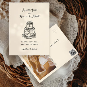 Ink Whimsical Hand Drawn Cake Save the Date Postcard