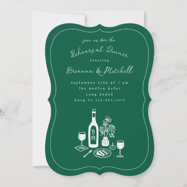 Ink Whimsical Hand Drawn Green Rehearsal Dinner Invitation (Front)