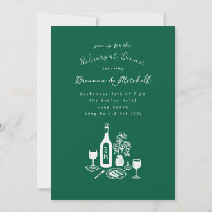 Ink Whimsical Hand Drawn Green Rehearsal Dinner Invitation