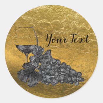 Ink Wine Glass Grapes Gold Background Classic Round Sticker by PandaCatGallery at Zazzle