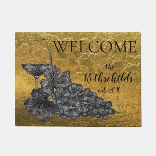 Ink Wine Glass Grapes Gold Background Doormat