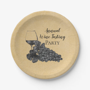 Ink Wine Glass Grapes Gold Background Paper Plates