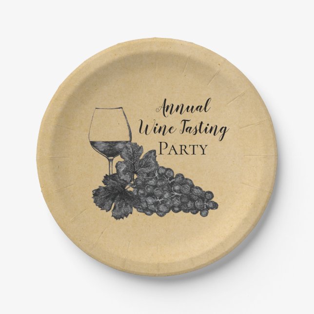 Ink Wine Glass Grapes Gold Background Paper Plates (Front)