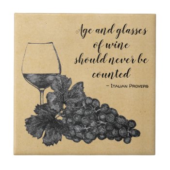 Ink Wine Glass Grapes Old Paper Background Ceramic Tile by PandaCatGallery at Zazzle