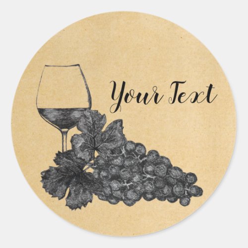 Ink Wine Glass Grapes Old Paper Background Classic Round Sticker