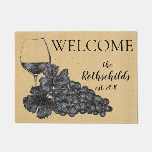 Ink Wine Glass Grapes Old Paper Background Doormat