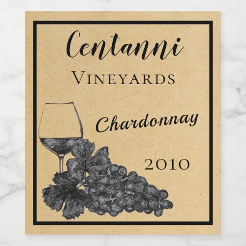 Ink Wine Glass Grapes Old Paper Background Wine Label