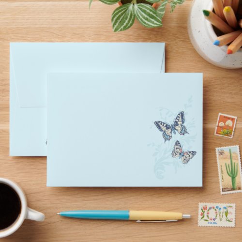 Inked butterflies blue wedding envelope