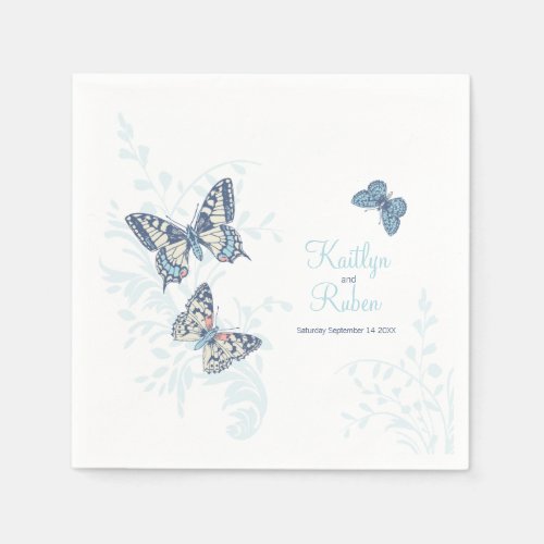 Inked butterflies blue white art wedding  napkins