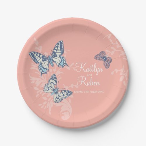 Inked butterflies coral dark blue art wedding paper plates