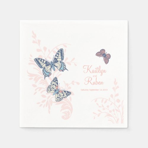 Inked butterflies coral white art wedding  napkins