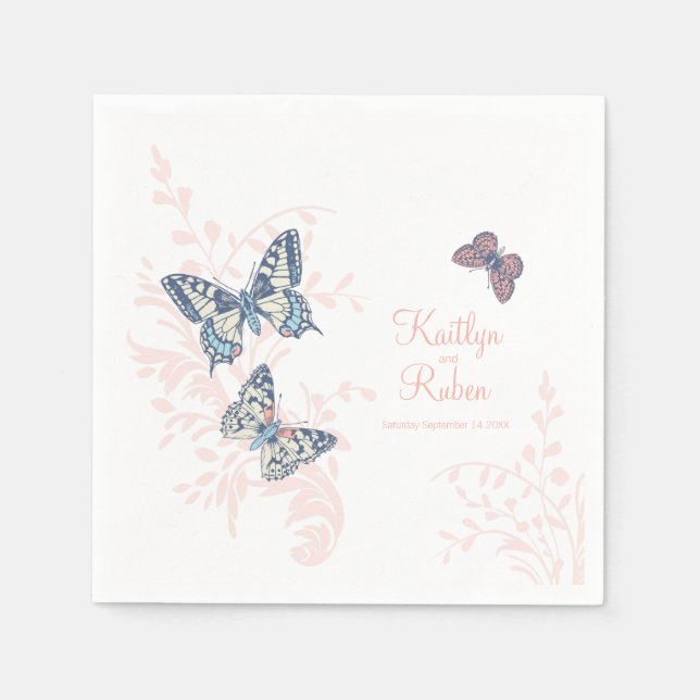 Inked butterflies coral white art wedding  napkins (Front)