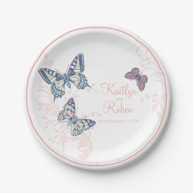 Inked butterflies coral white art wedding paper plates (Front)