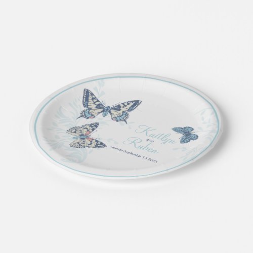 Inked butterflies sky blue coral white art wedding paper plates