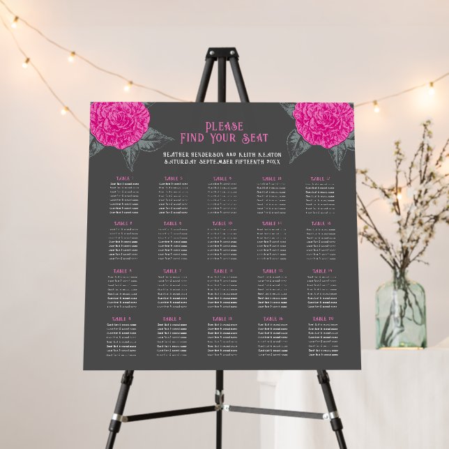 Inked camellia wedding 20 table seating chart foam board (In Situ (Stand))