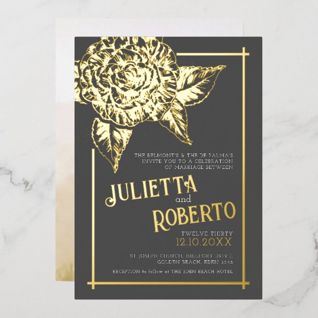 Inked camellia wedding brown and gold foil invitation (Front/Back)