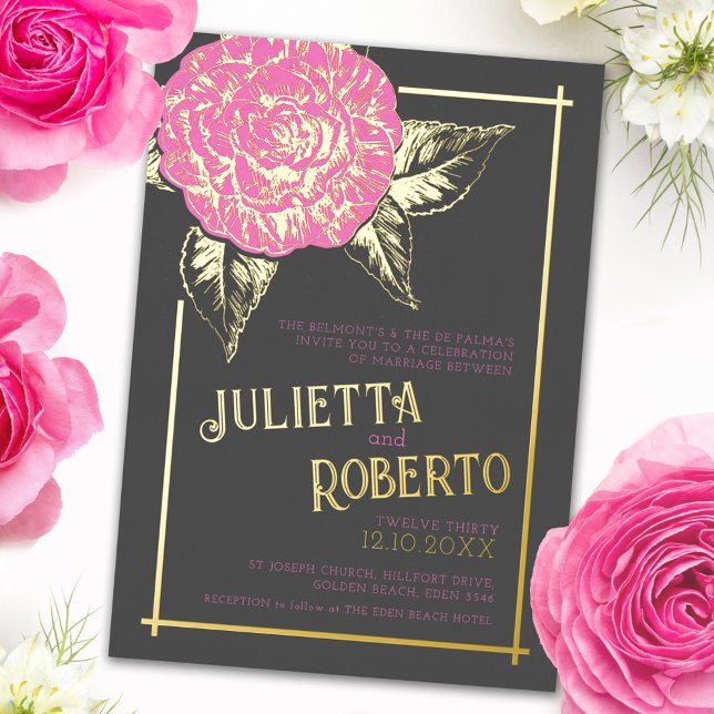Inked camellia wedding pink brown and gold foil invitation (Creator Uploaded)